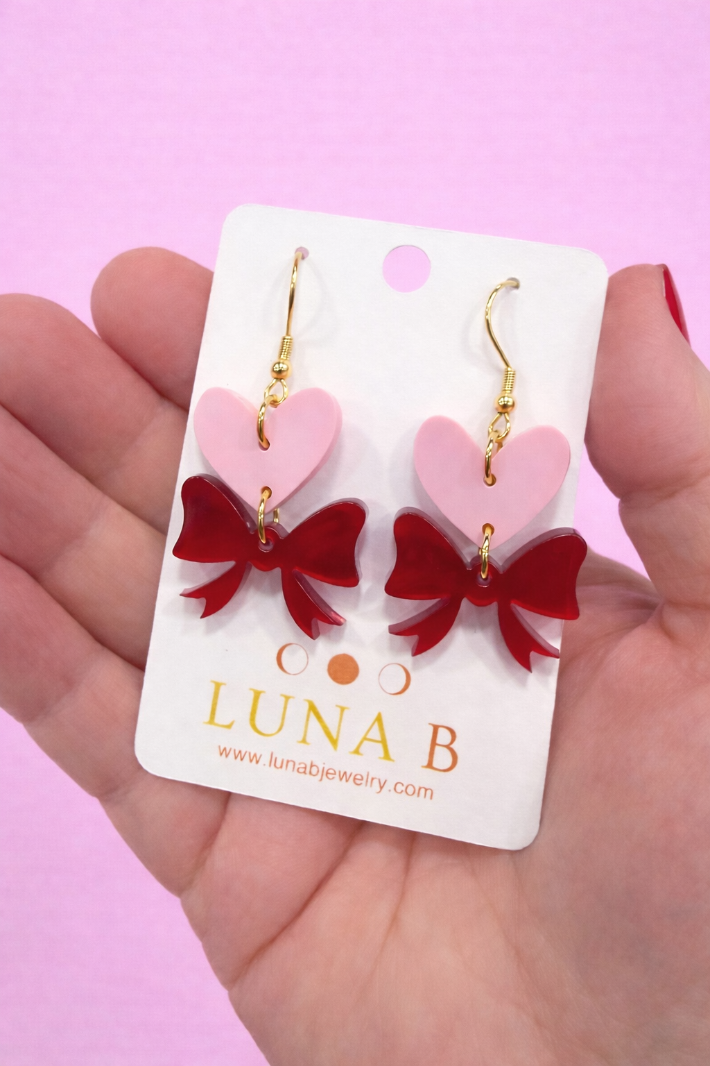 Pink Heart & Red Coquette Bow Dangle Earrings