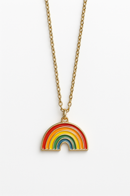 Gold-fill necklace with colorful enamel rainbow pendant on an adjustable 18–20 inch chain, perfect for Pride and everyday wear.