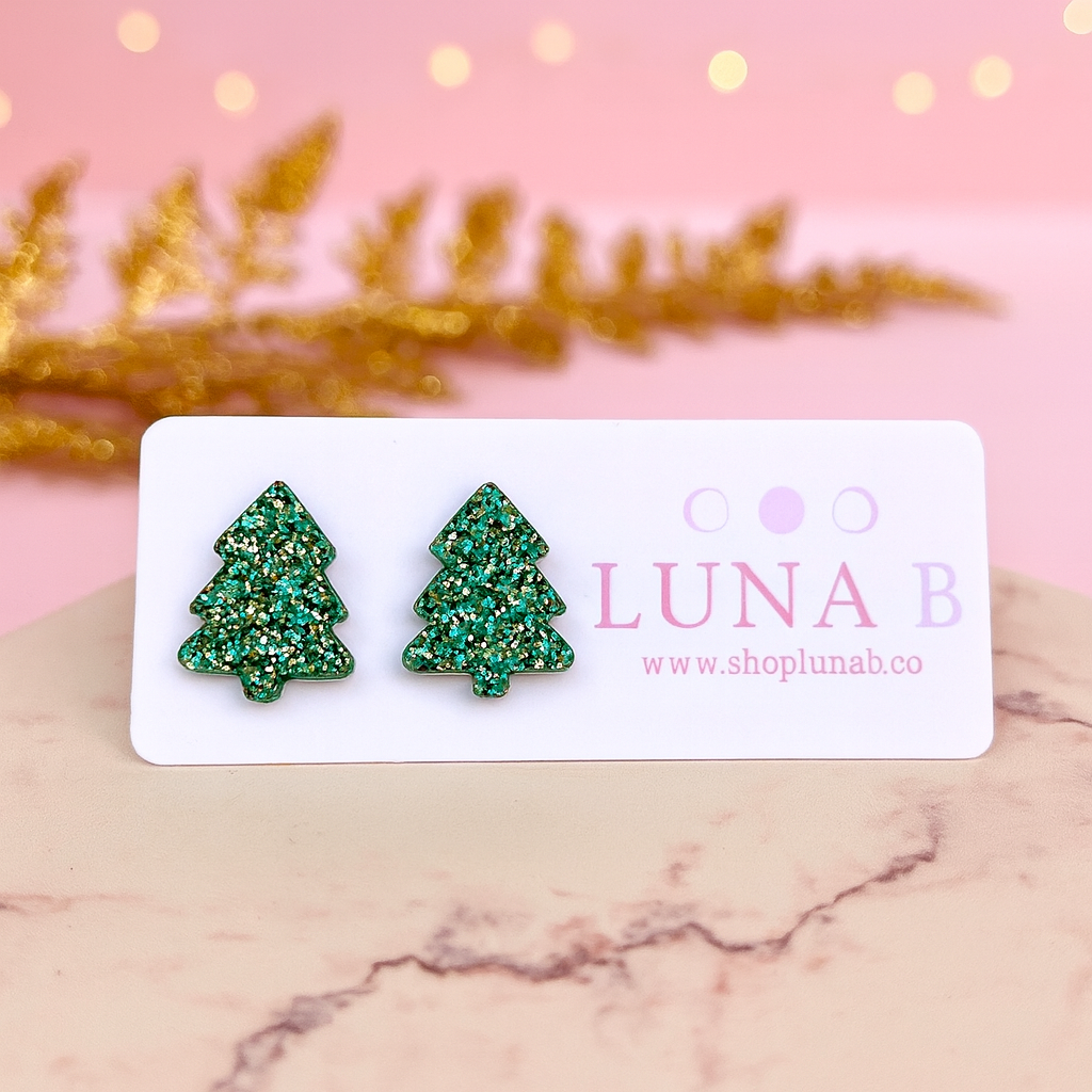 Green Christmas Tree Post Earrings – Sparkly Holiday Acrylic Jewelry