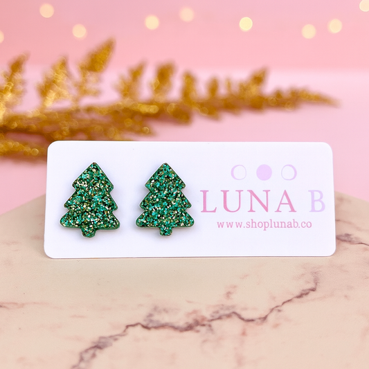 Green Christmas Tree Post Earrings – Sparkly Holiday Acrylic Jewelry