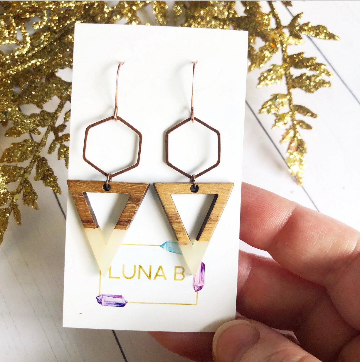 Triangle Hexagon Wood & Resin Earrings
