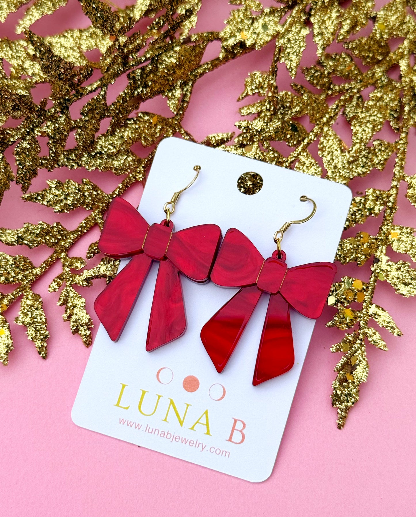Red Bow Earrings – Classic Holiday Acrylic Dangles | Luna B Jewelry