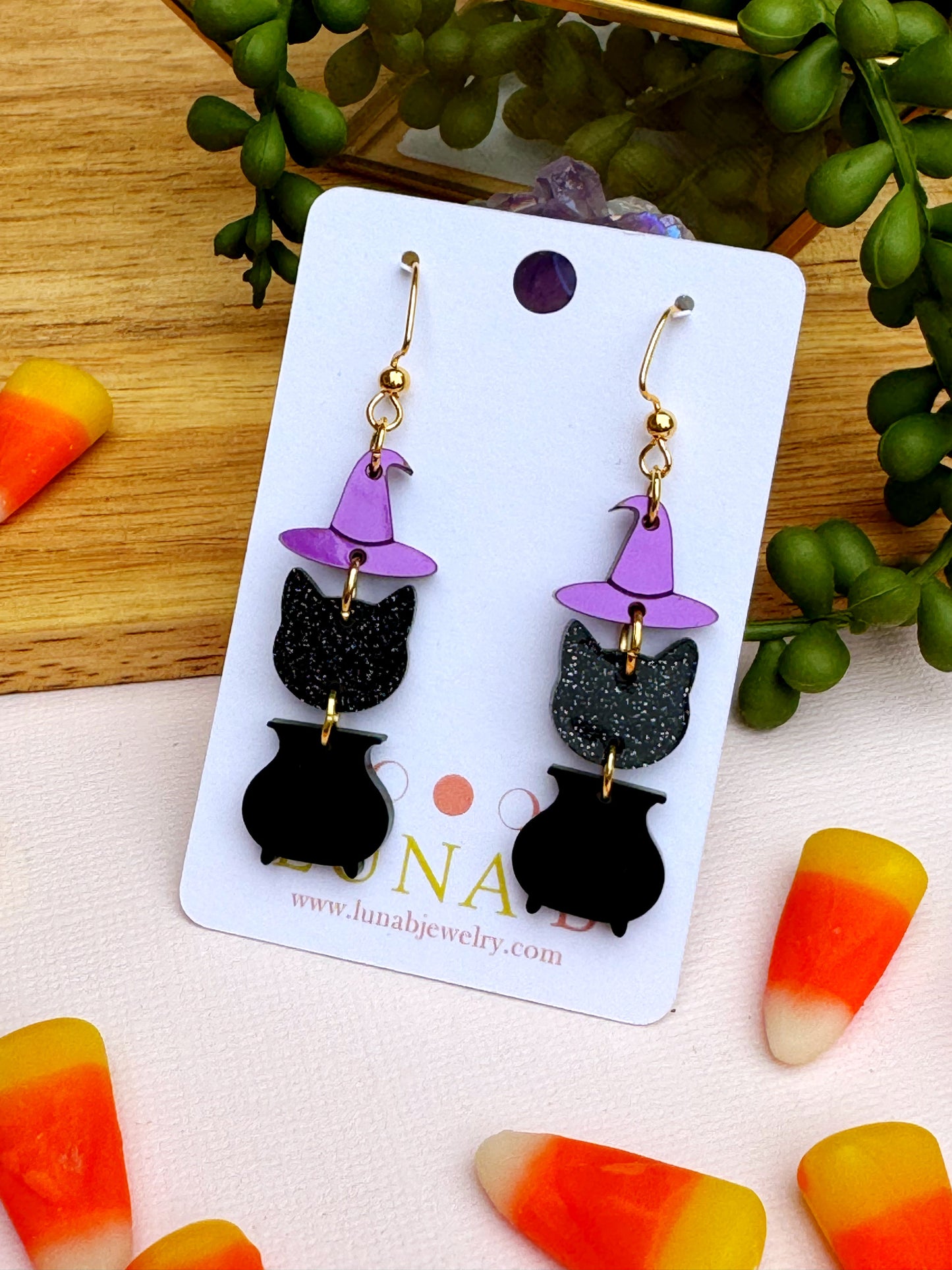 Witch Hat, Cat & Cauldron Earrings – Halloween Dangle Jewelry for Sensitive Ears