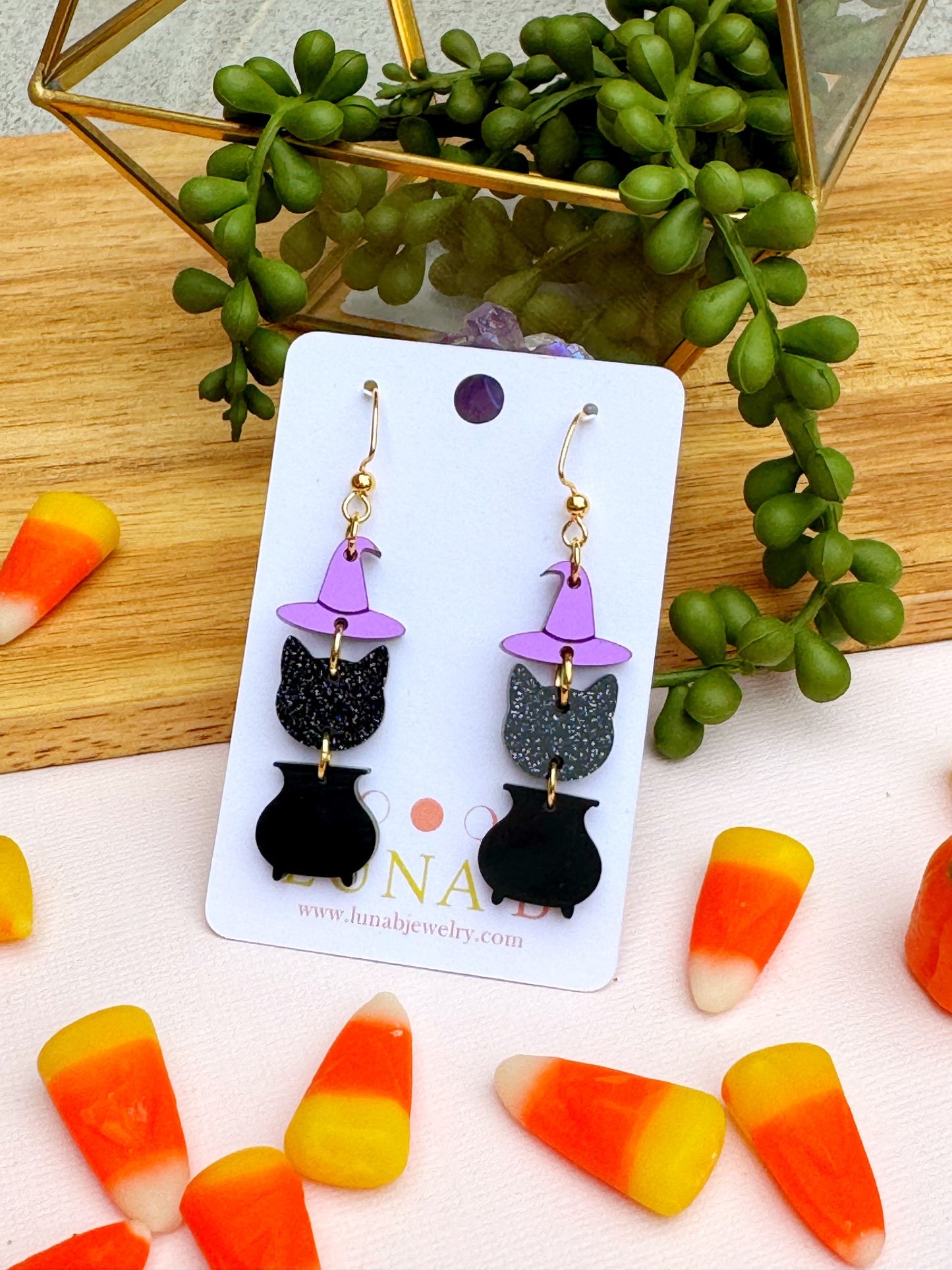 Witch Hat, Cat & Cauldron Earrings – Halloween Dangle Jewelry for Sensitive Ears