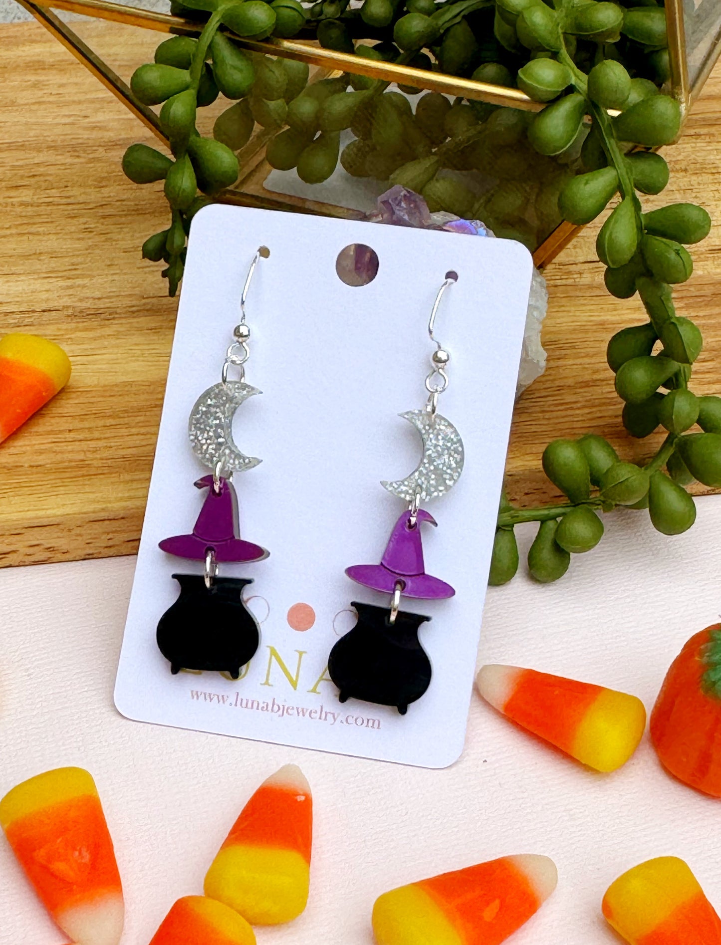 Witch Hat, Moon & Cauldron Earrings – Halloween Dangle Jewelry for Sensitive Ears