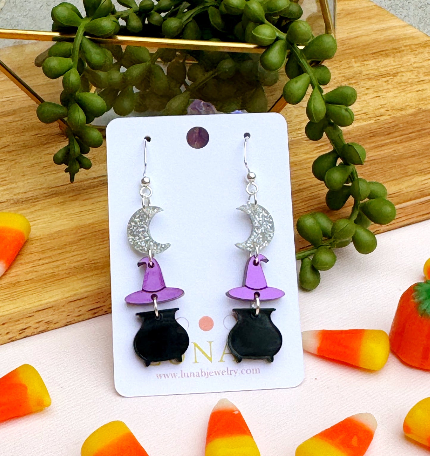 Witch Hat, Moon & Cauldron Earrings – Halloween Dangle Jewelry for Sensitive Ears