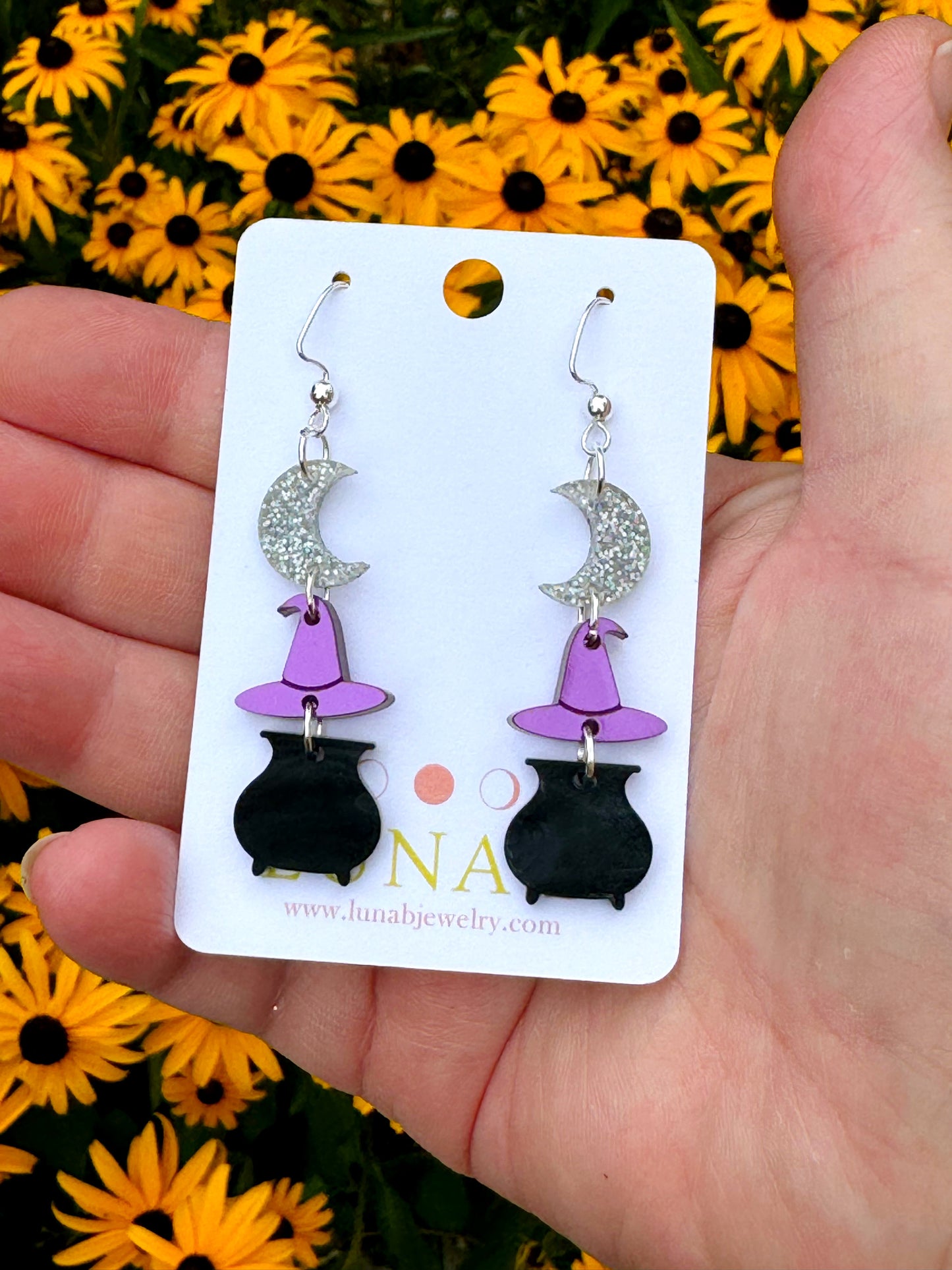 Witch Hat, Moon & Cauldron Earrings – Halloween Dangle Jewelry for Sensitive Ears