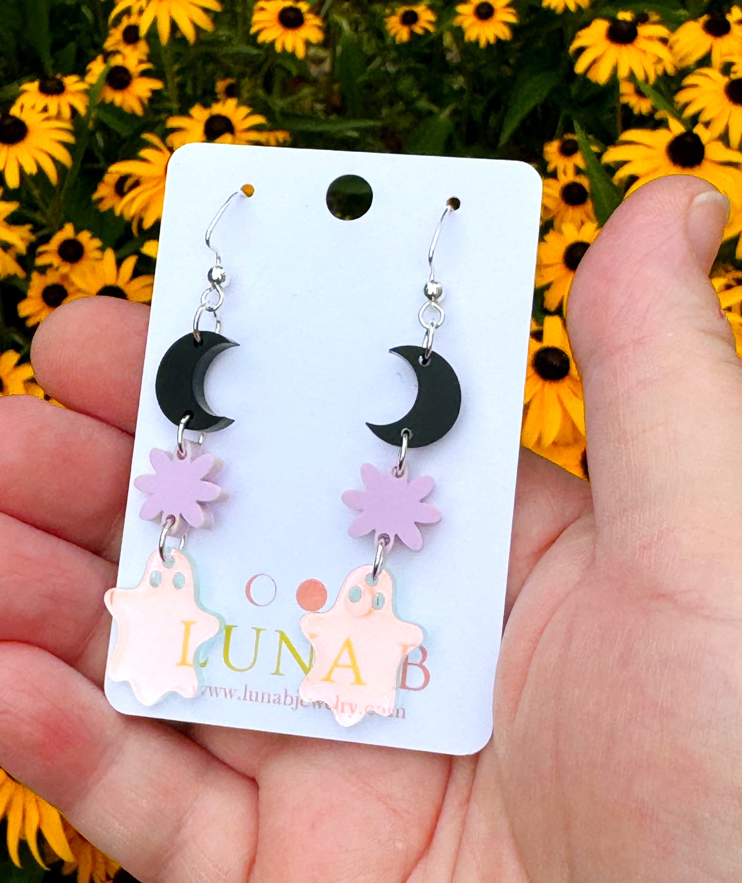 Iridescent Ghost and Moon Earrings – Pastel Halloween Dangle Jewelry for Sensitive Ears