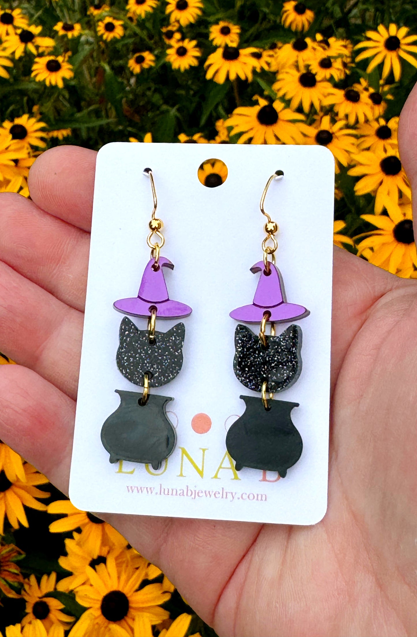 Witch Hat, Cat & Cauldron Earrings – Halloween Dangle Jewelry for Sensitive Ears