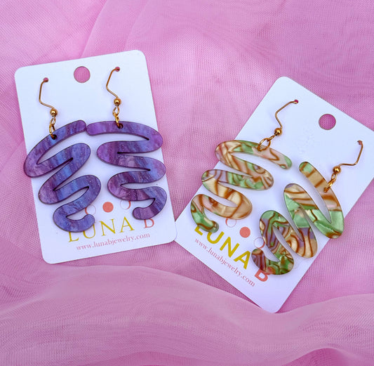 Squiggle Statement Earrings – Glitter Purple or Faux Abalone Acrylic