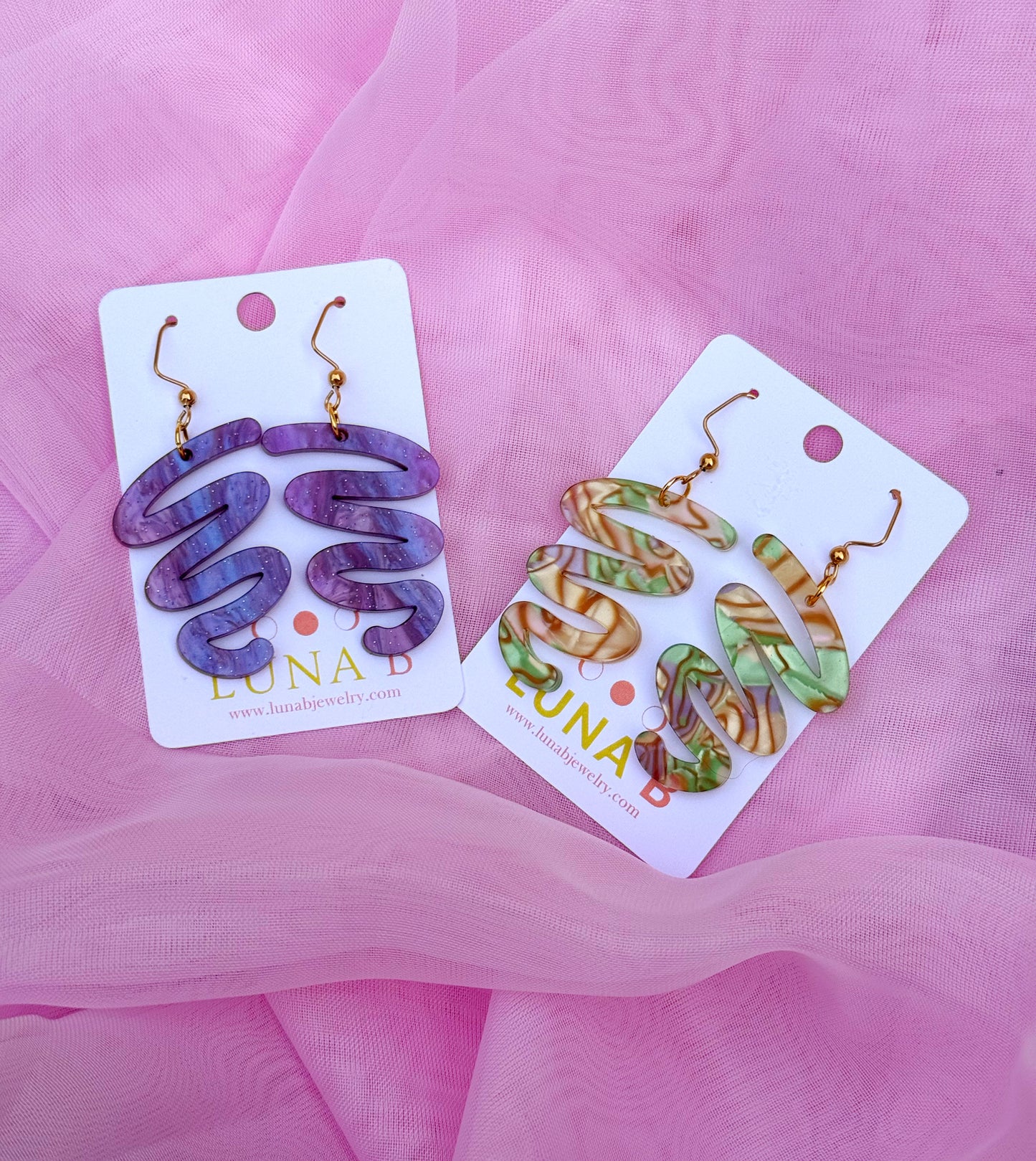 Squiggle Statement Earrings – Glitter Purple or Faux Abalone Acrylic