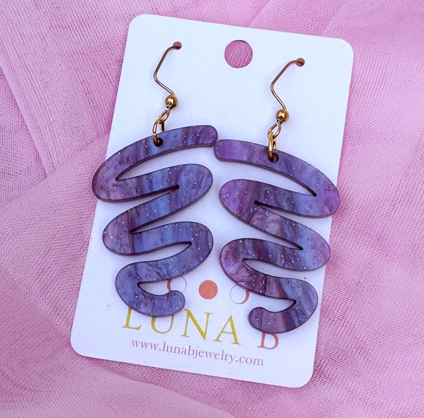 Squiggle Statement Earrings – Glitter Purple or Faux Abalone Acrylic