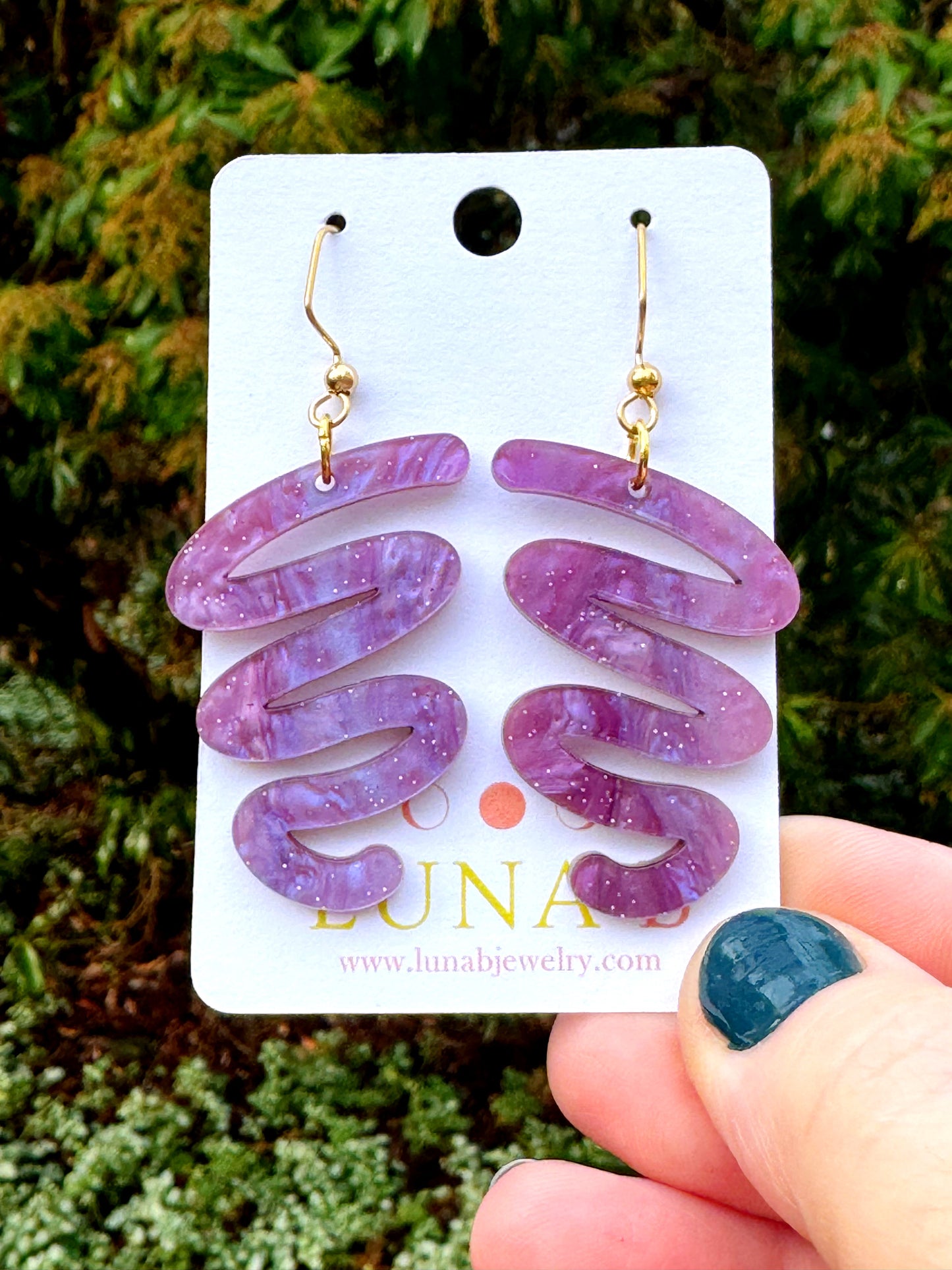 Squiggle Statement Earrings – Glitter Purple or Faux Abalone Acrylic
