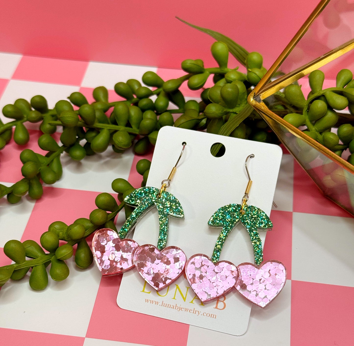 Sparkly Heart Cherry Earrings – Glitter Pink & Green Acrylic Dangles | Luna B Jewelry