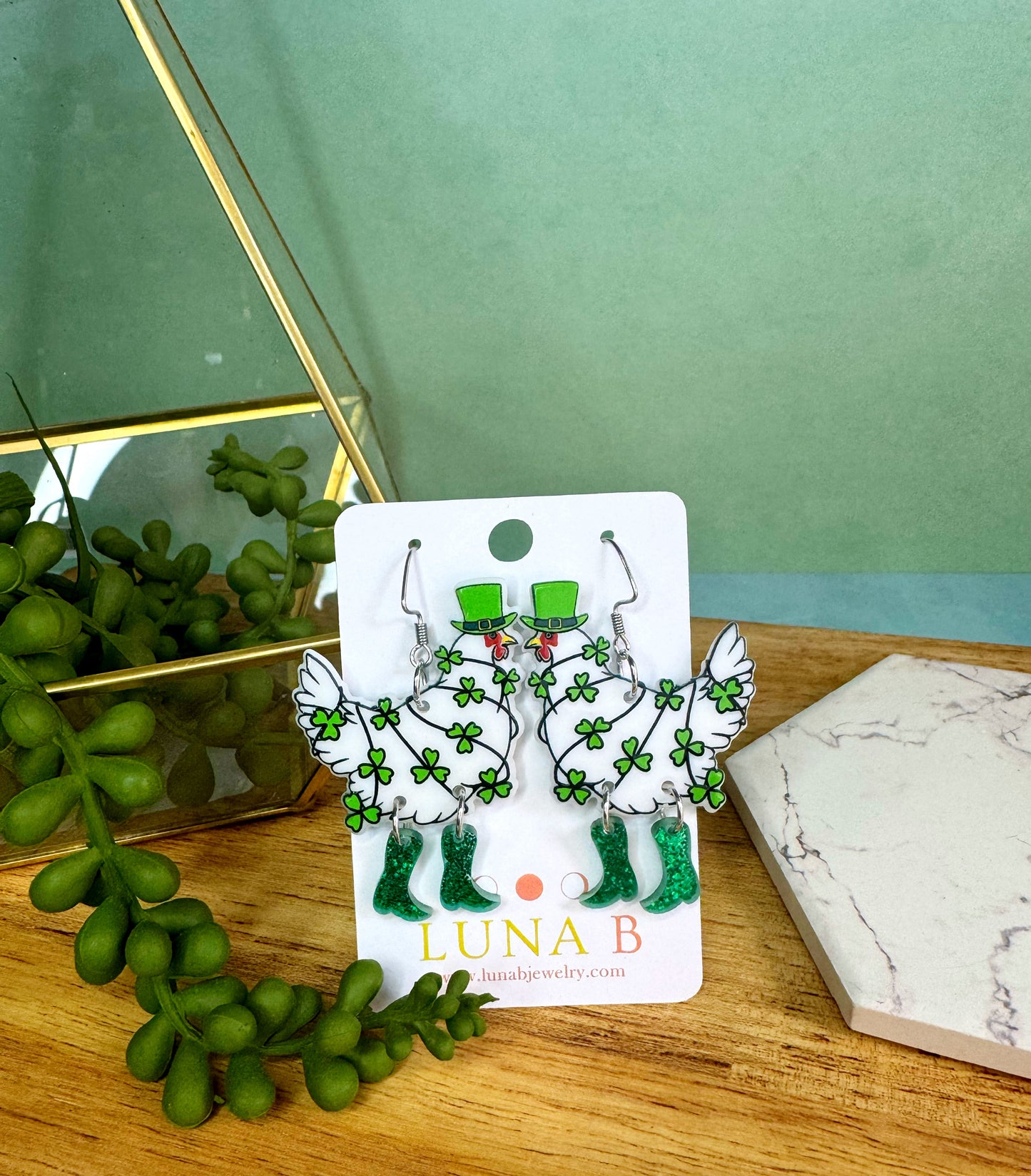 Lucky Chickens in Boots Earrings | Shamrock Earrings