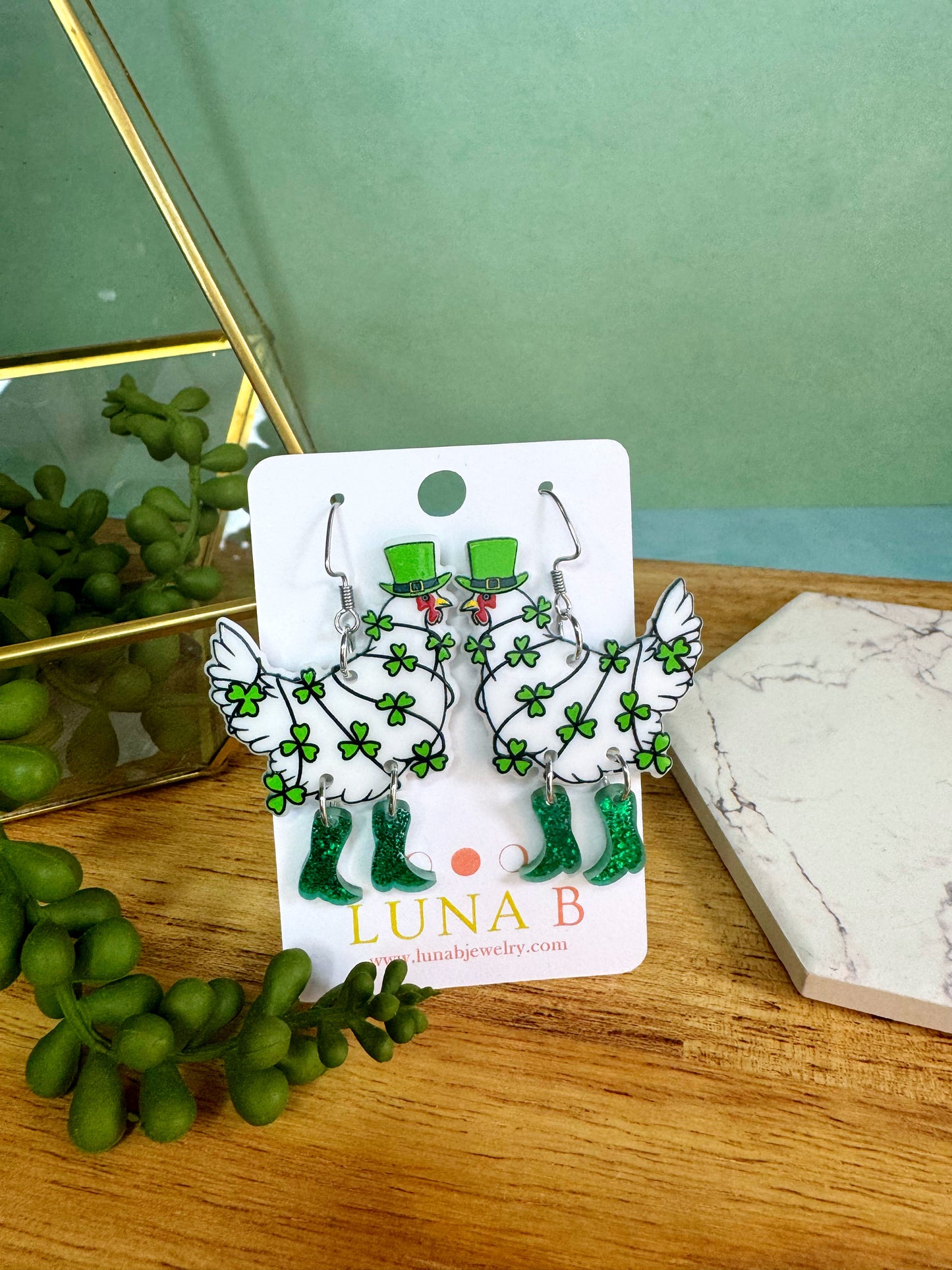 Lucky Chickens in Boots Earrings | Shamrock Earrings