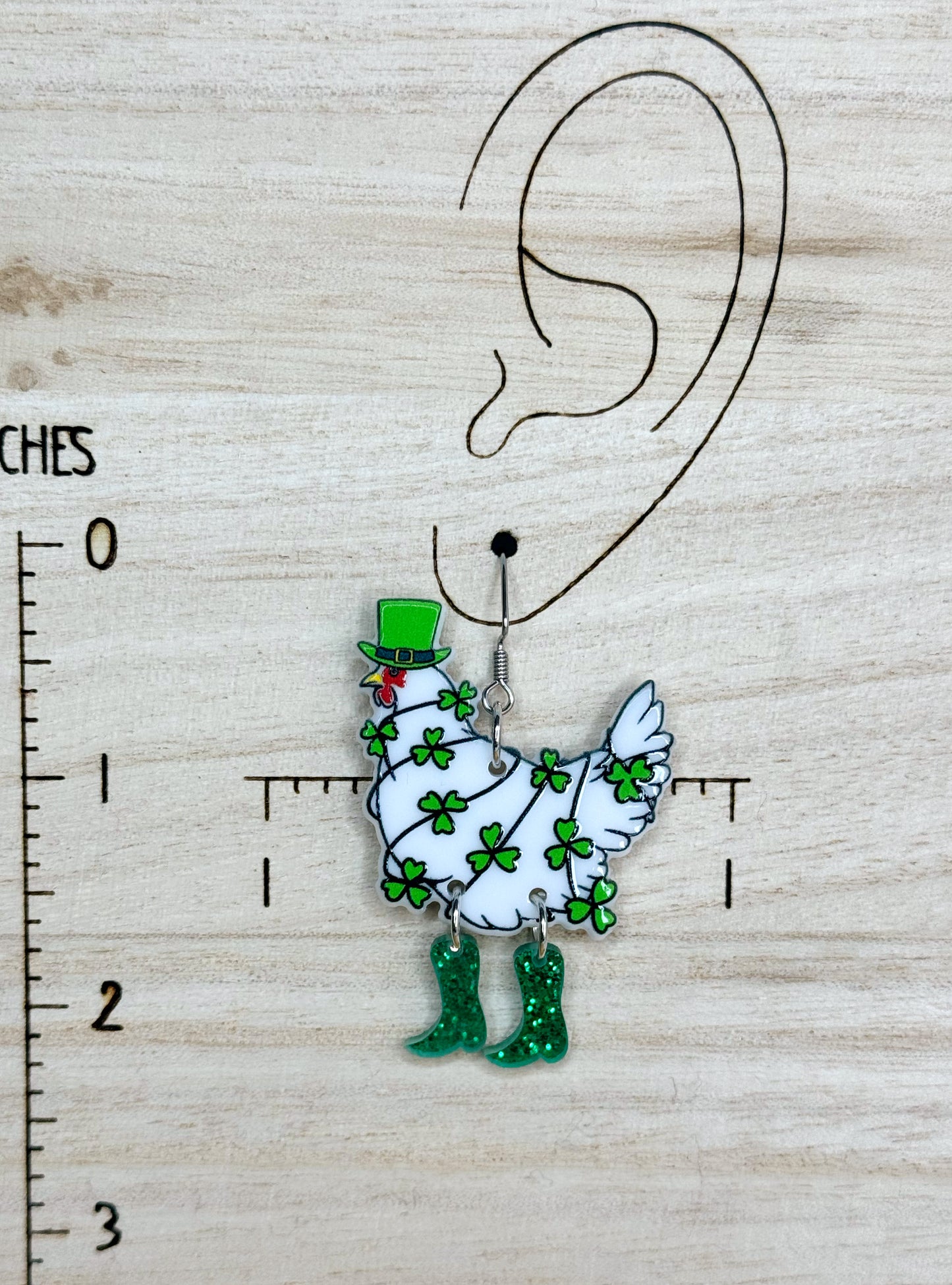 Lucky Chickens in Boots Earrings | Shamrock Earrings