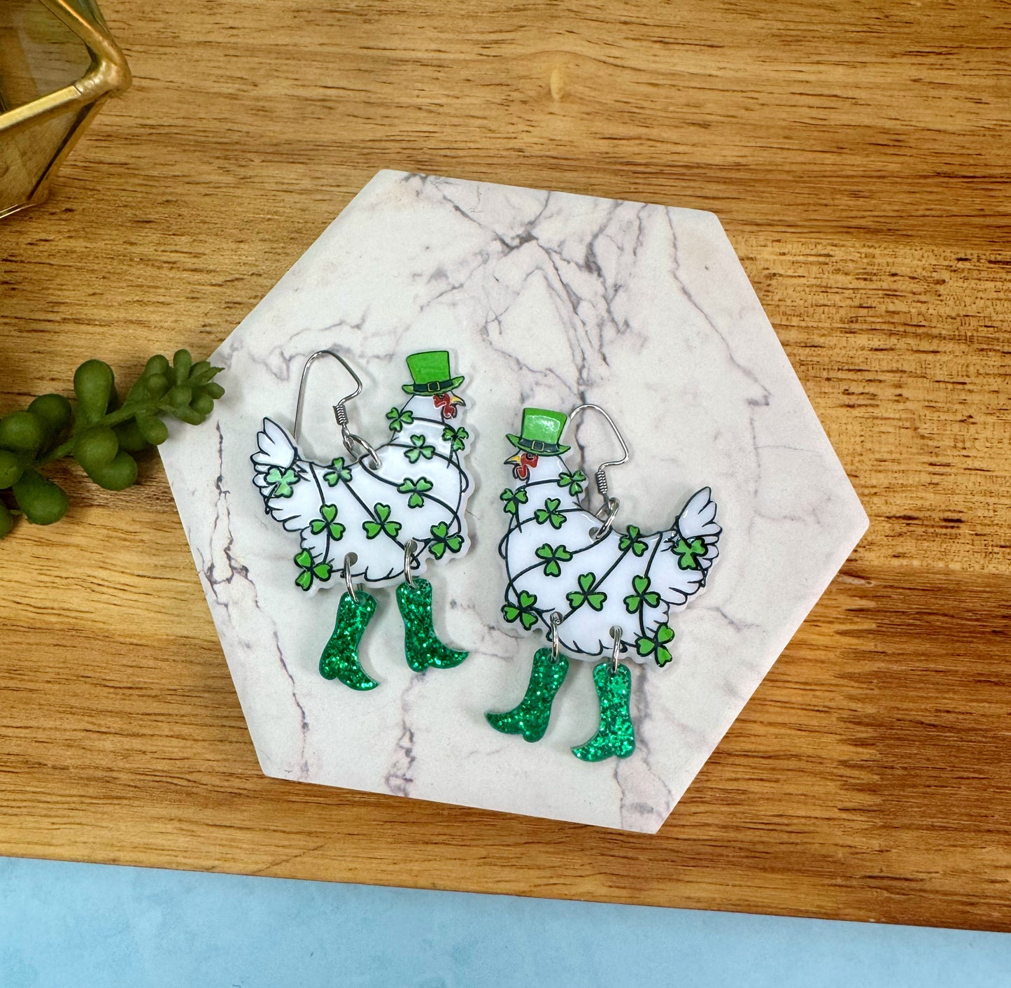 Lucky Chickens in Boots Earrings | Shamrock Earrings