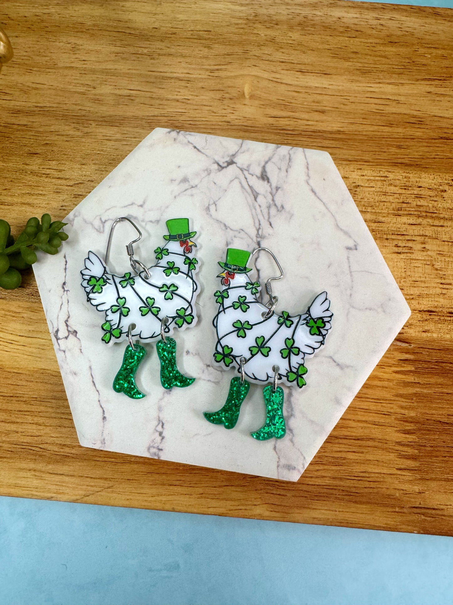 Lucky Chickens in Boots Earrings | Shamrock Earrings