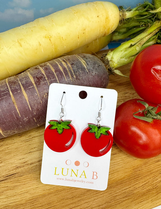 Cherry tomato-shaped acrylic earrings with stainless steel hooks, handmade statement jewelry for foodies and garden lovers.