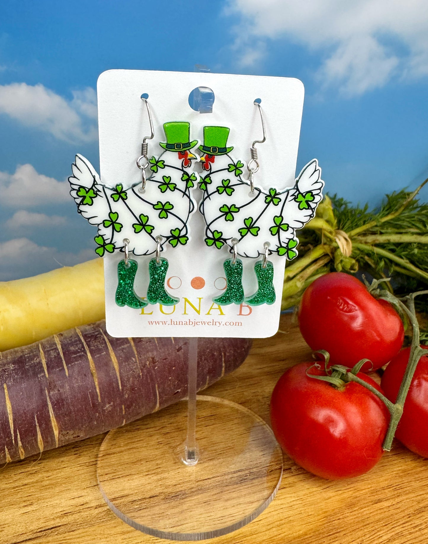 Lucky Chickens in Boots Earrings | Shamrock Earrings