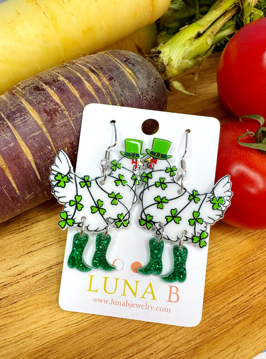 Lucky Chickens in Boots Earrings | Shamrock Earrings