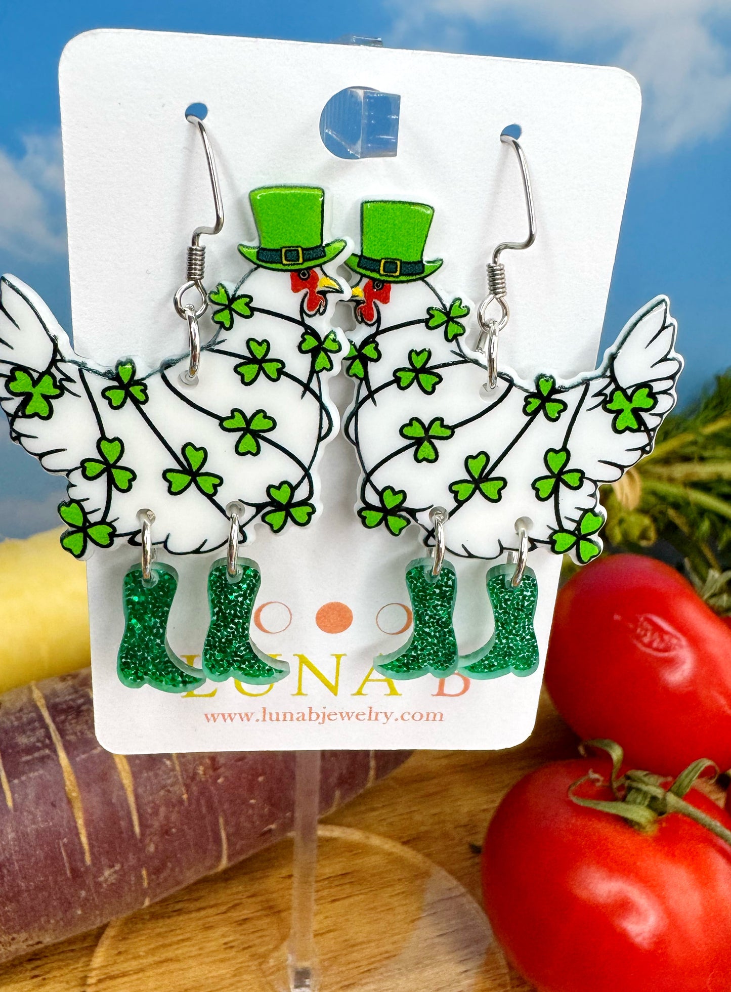 Lucky Chickens in Boots Earrings | Shamrock Earrings