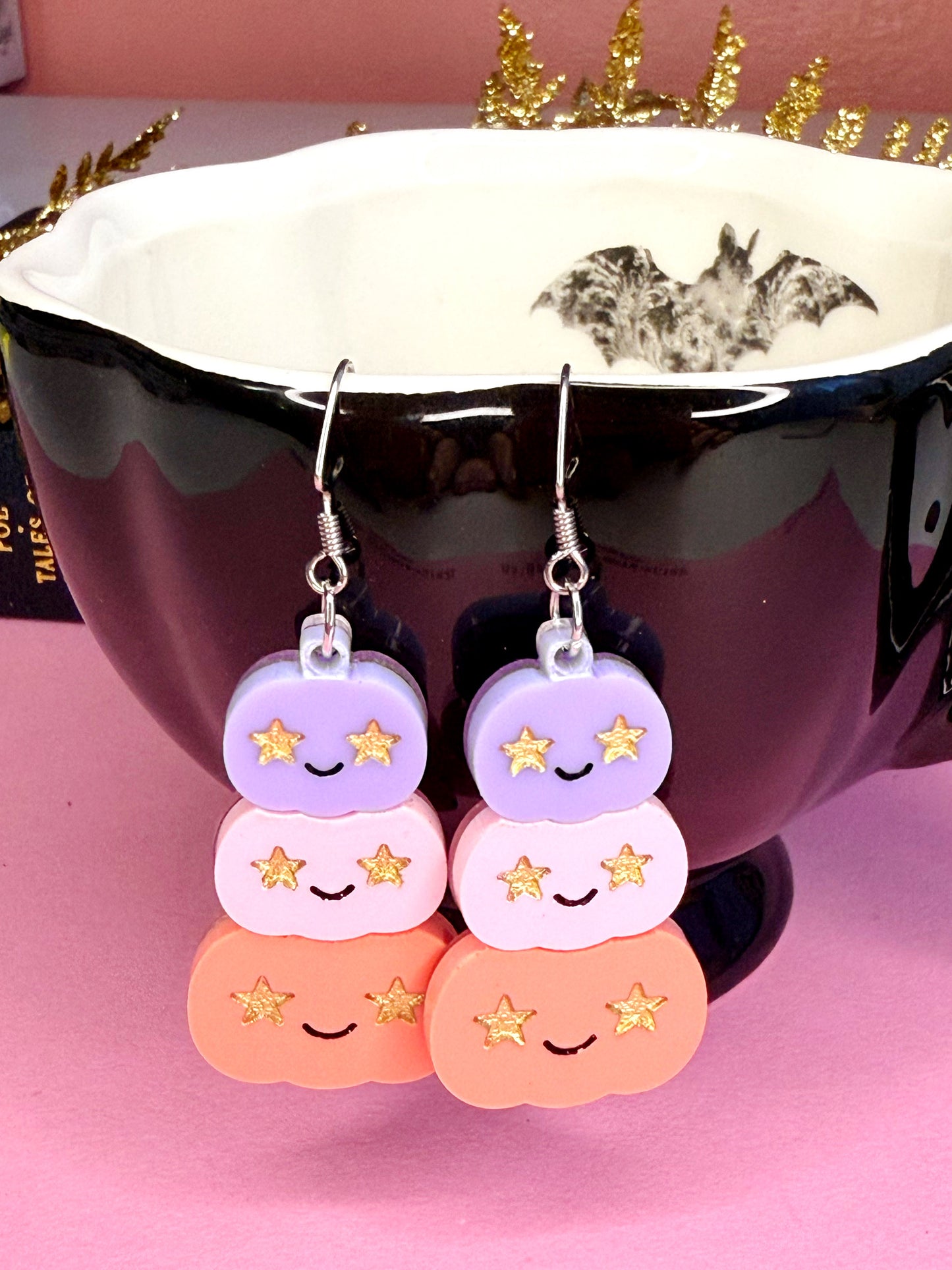 Starry-Eyed Pumpkin Stack Earrings – Pastel Fall Jewelry for Sensitive Ears