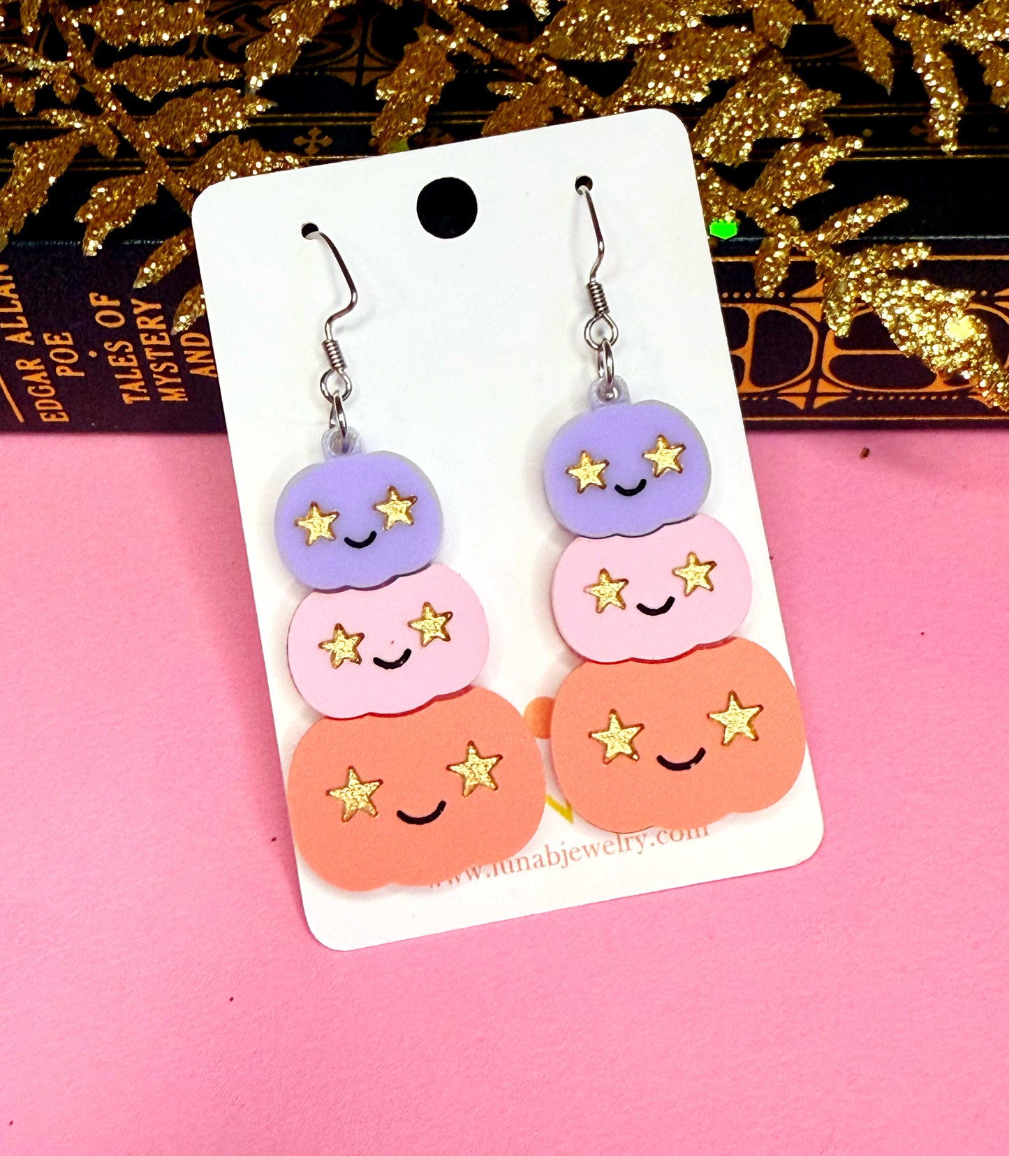 Starry-Eyed Pumpkin Stack Earrings – Pastel Fall Jewelry for Sensitive Ears