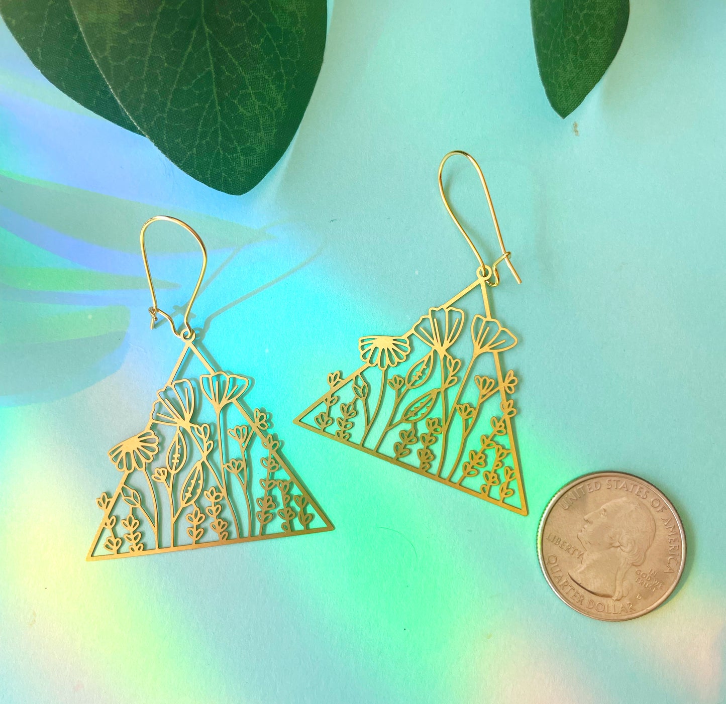Floral Triangle Brass Earrings