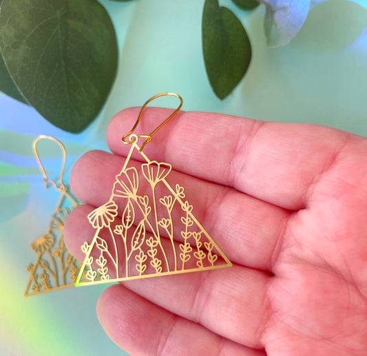 Floral Triangle Brass Earrings