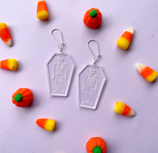 Skeleton Coffin Earrings – Laser Engraved Clear Acrylic Halloween Jewelry
