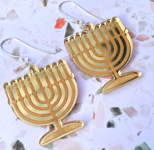 Golden Menorah Earrings – Handmade Hanukkah Jewelry
