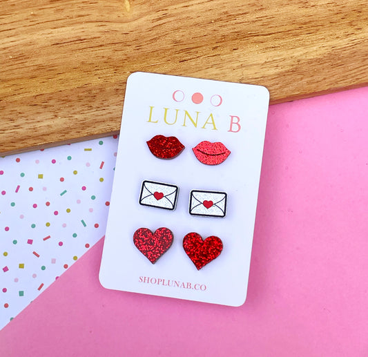 Valentine's Day Three Pack of Stud Earrings - Red Lips, Love Letters, Red Hearts
