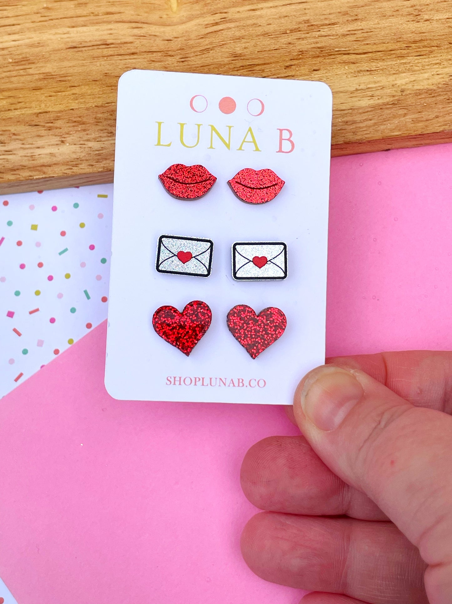 Valentine's Day Three Pack of Stud Earrings - Red Lips, Love Letters, Red Hearts
