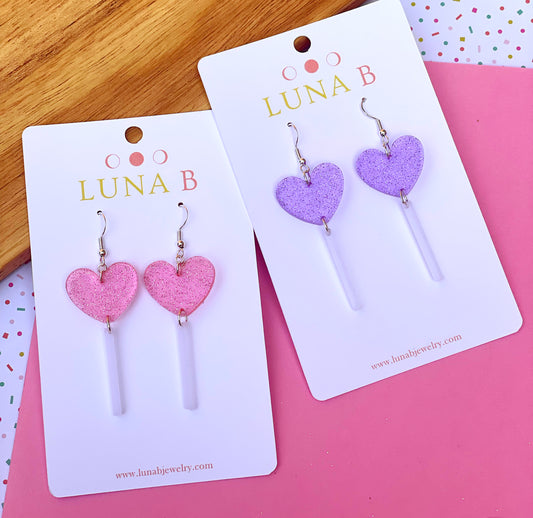 Heart Lollipop Earrings in Pink or Purple