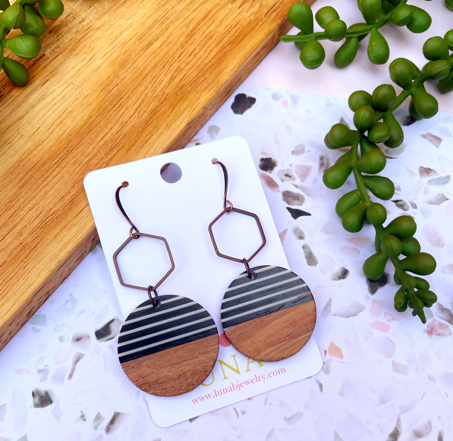 Striped Circle + Hexagon Earrings