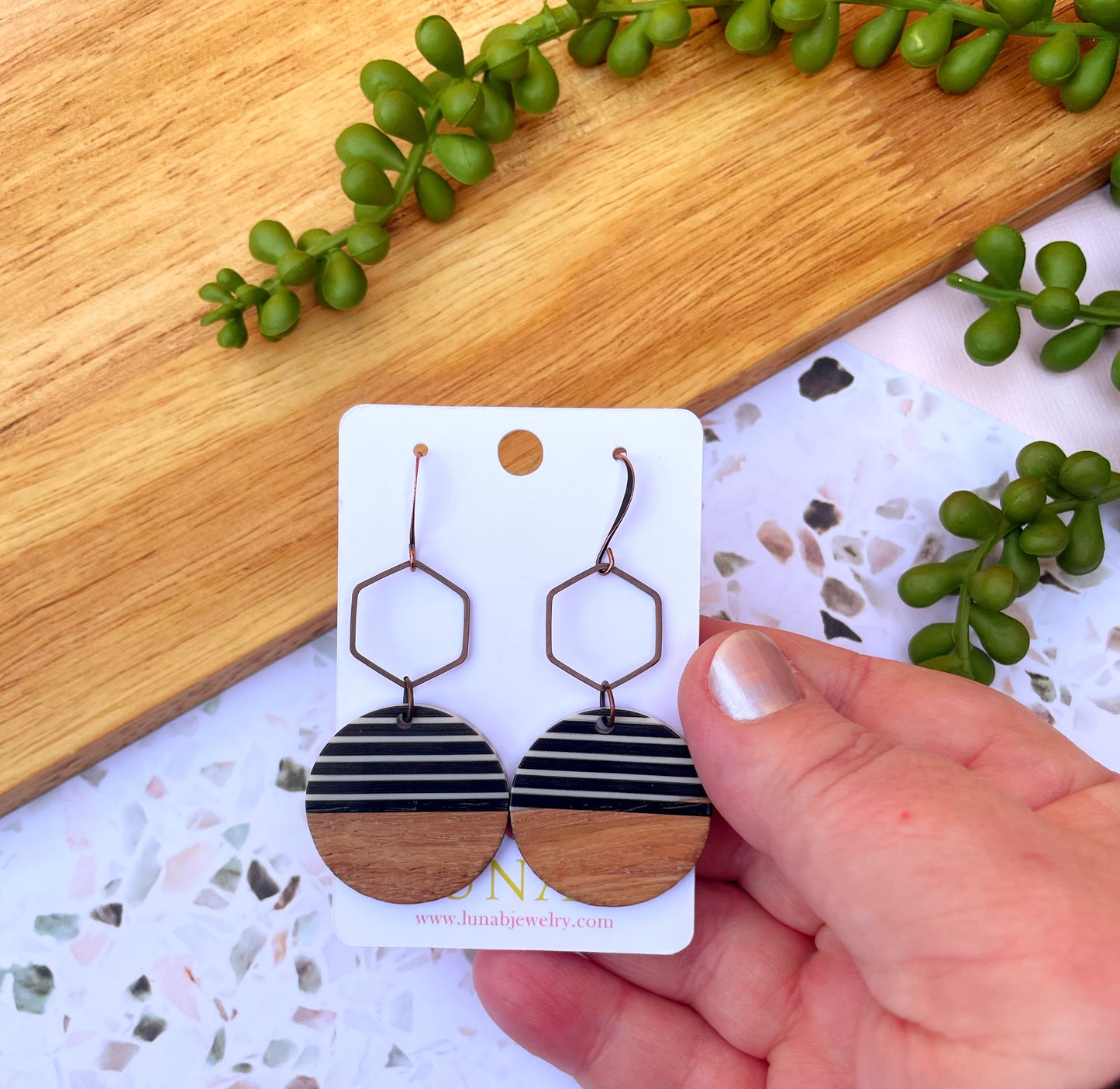 Striped Circle + Hexagon Earrings