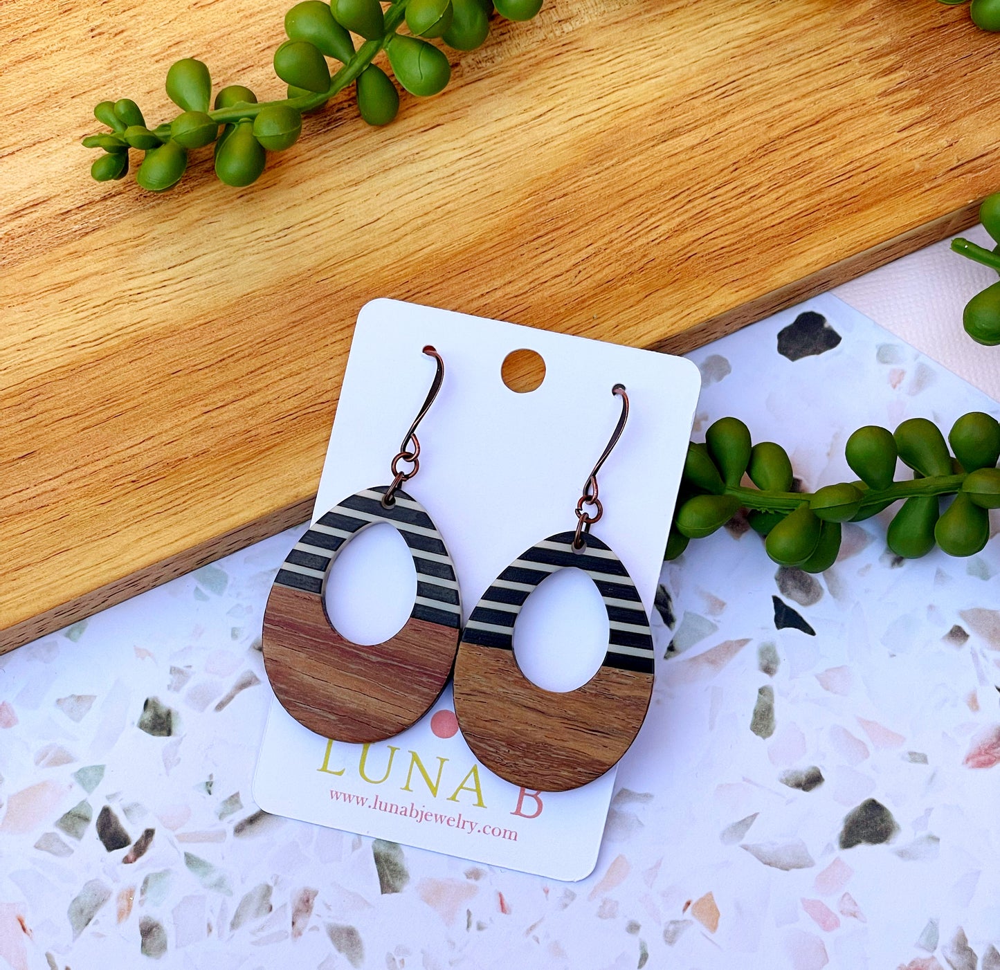Pinstripe Wooden Teardrop Earrings