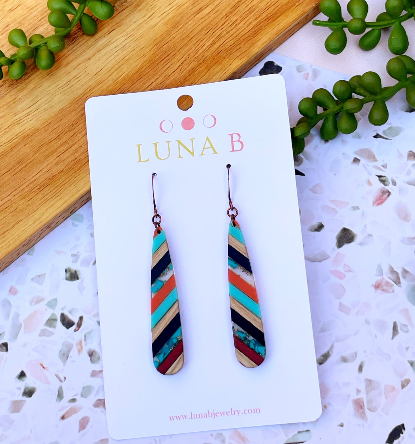 Orange + Turquoise Wood + Resin Stick Earrings