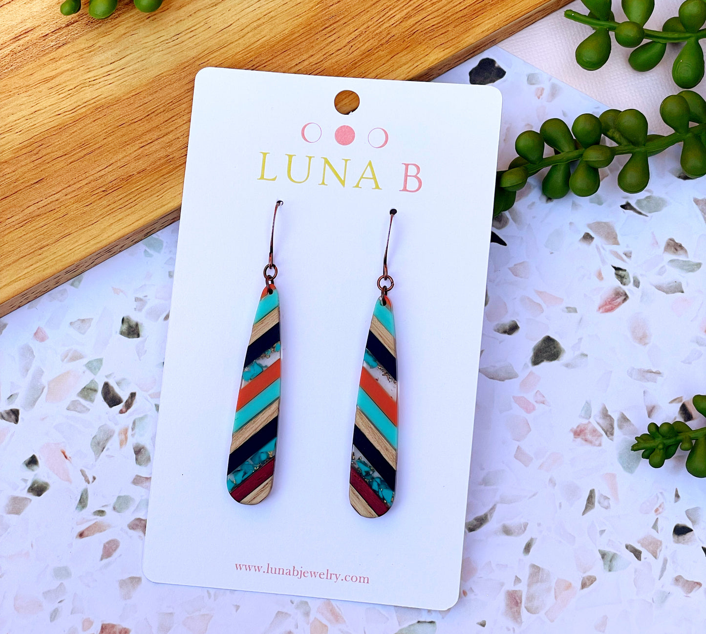 Orange + Turquoise Wood + Resin Stick Earrings