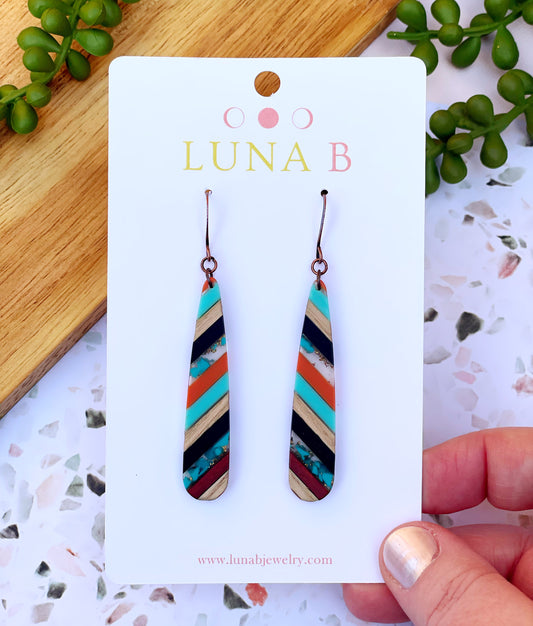Orange + Turquoise Wood + Resin Stick Earrings