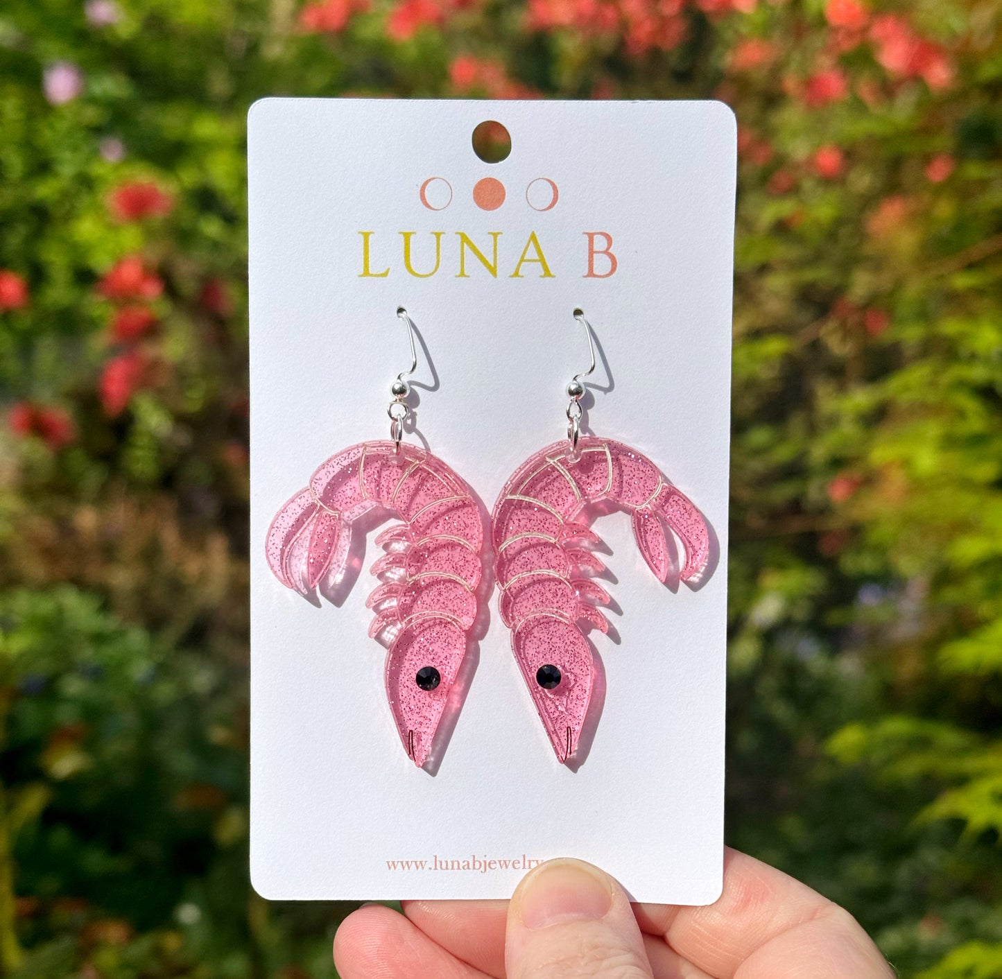 🦐 Pink Shrimp Earrings – Glitter Acrylic Statement Jewelry