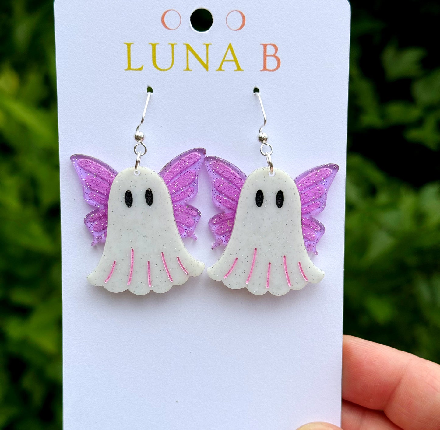 Fairy Ghost Earrings – Sparkly Halloween Acrylic Earrings with Purple Wings