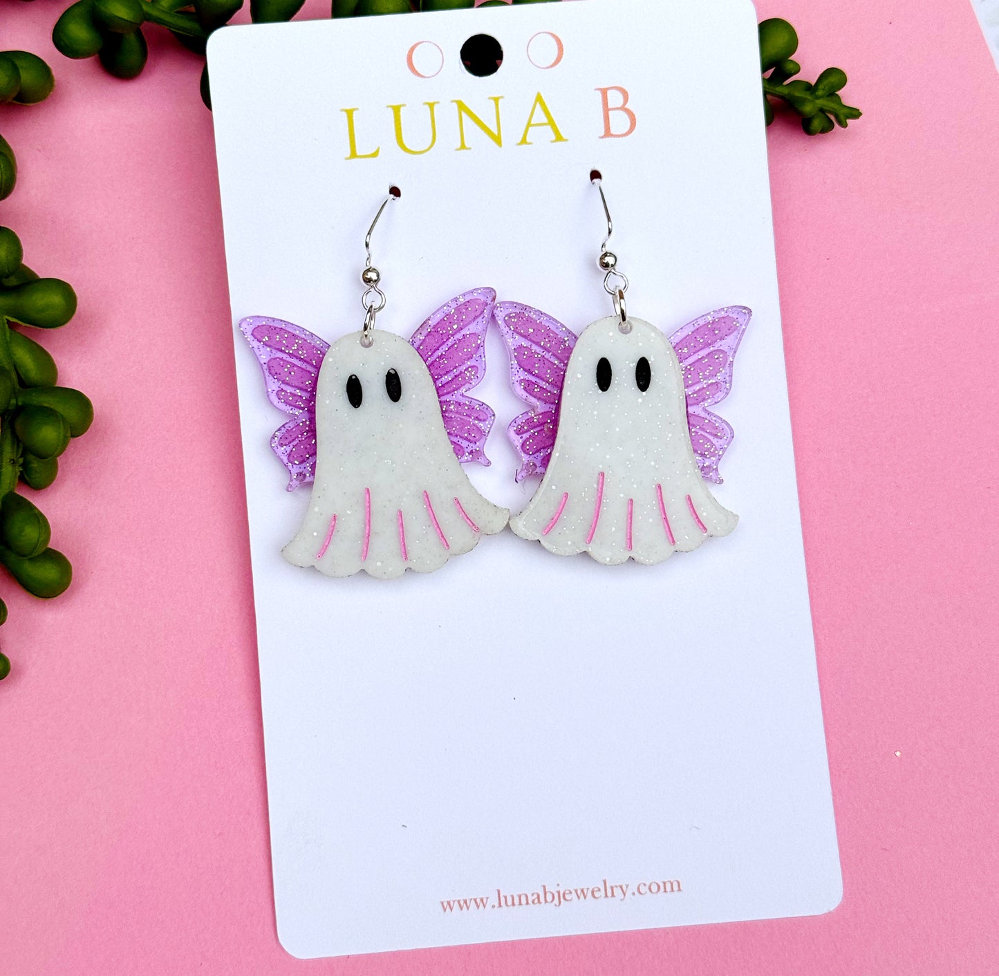 Fairy Ghost Earrings – Sparkly Halloween Acrylic Earrings with Purple Wings