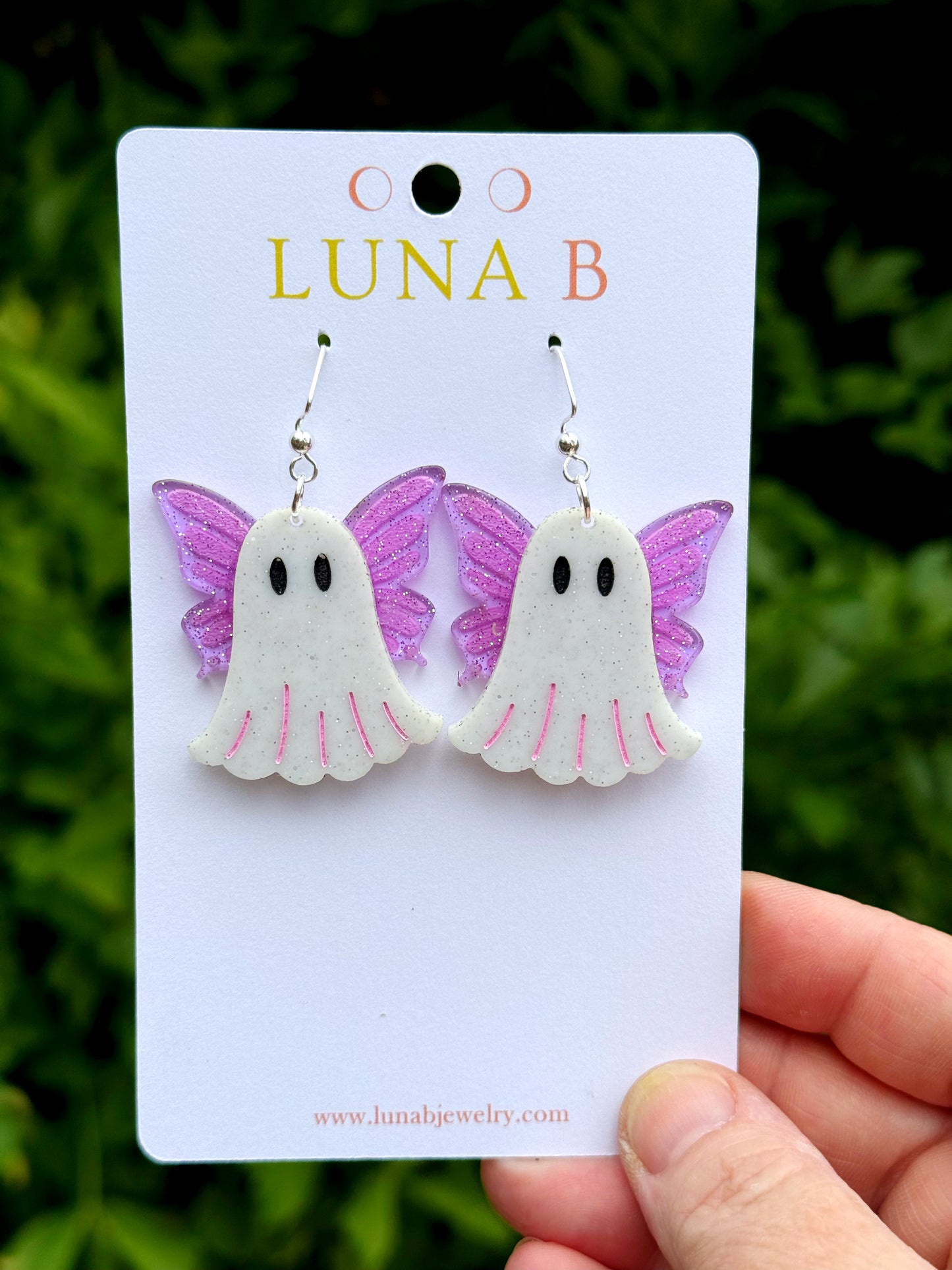 Fairy Ghost Earrings – Sparkly Halloween Acrylic Earrings with Purple Wings