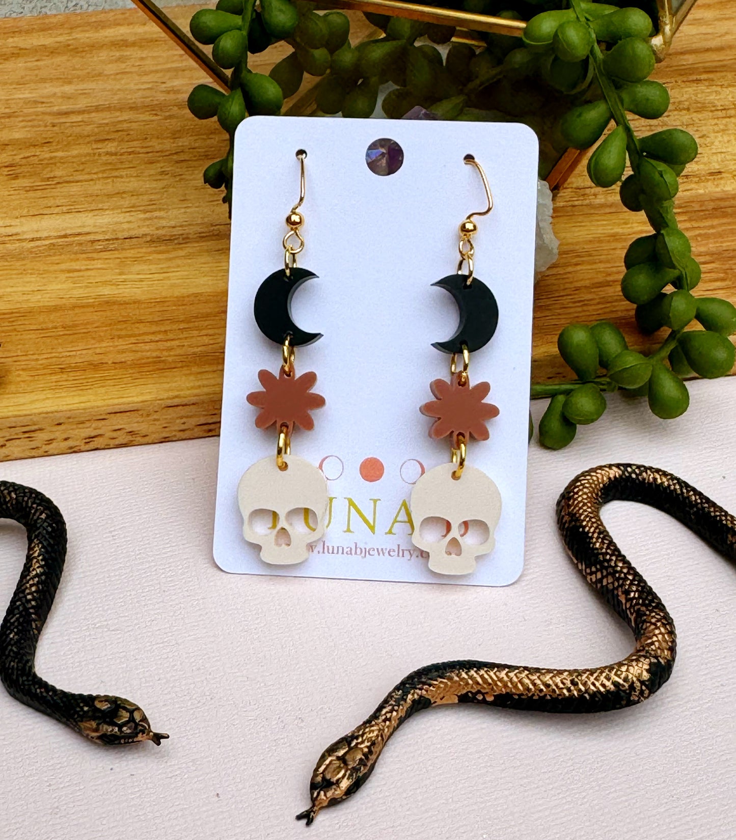 Skulls, Blossoms & Moons Earrings – Halloween Floral Jewelry for Sensitive Ears