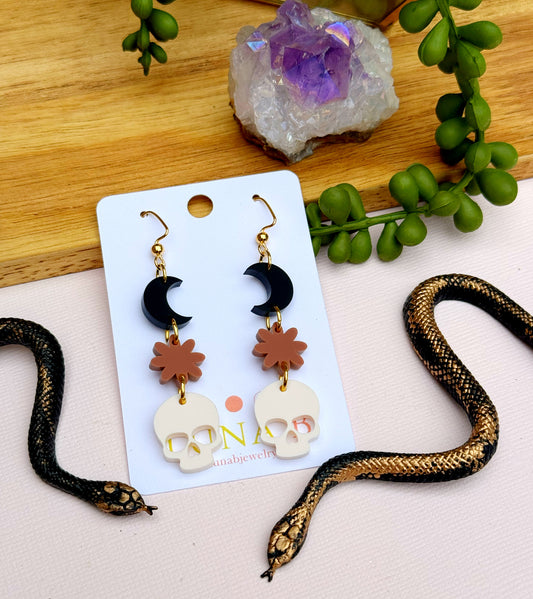 Skulls, Blossoms & Moons Earrings – Halloween Floral Jewelry for Sensitive Ears