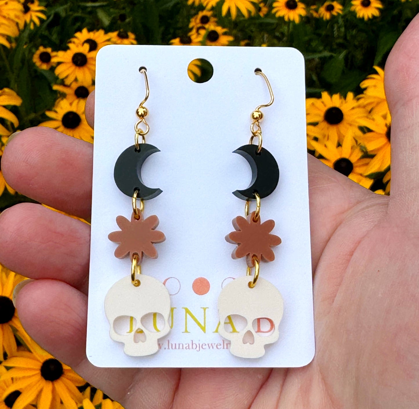 Skulls, Blossoms & Moons Earrings – Halloween Floral Jewelry for Sensitive Ears