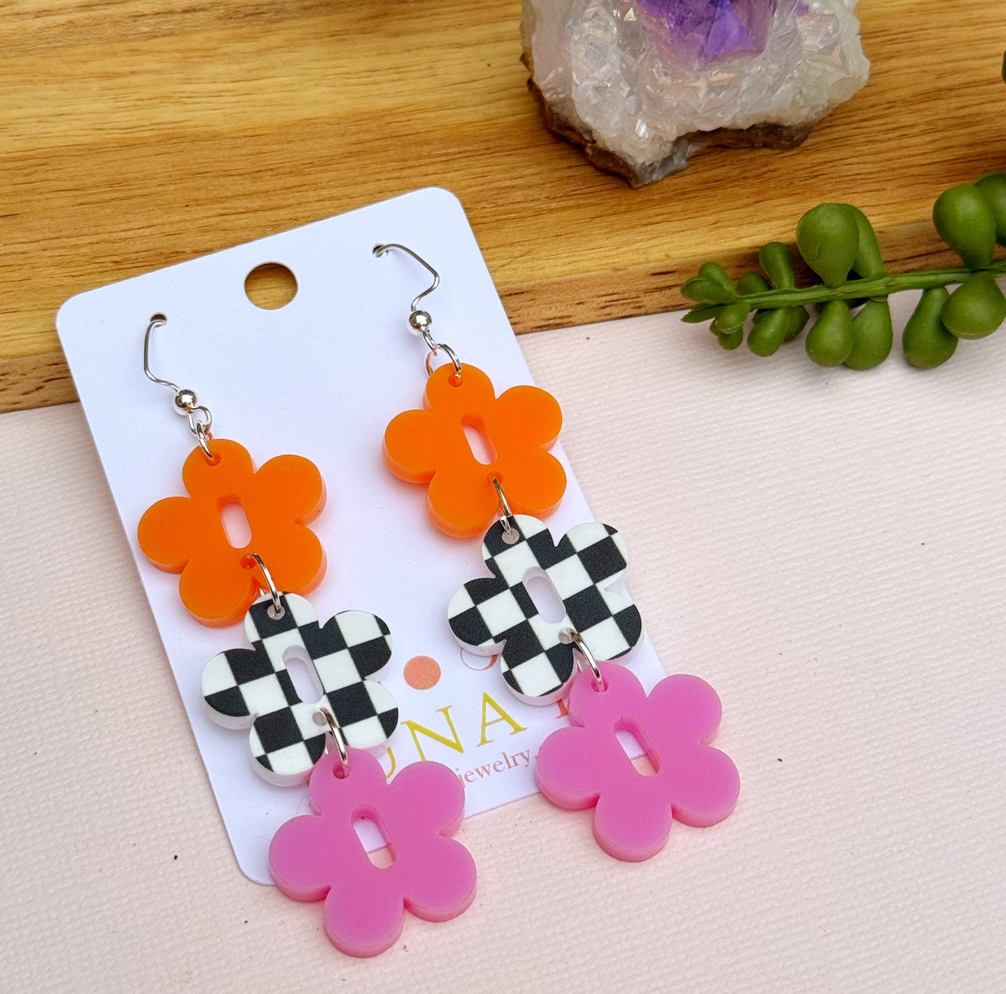 Checkered Daisy Earrings in Orange, Black & White, and Pink